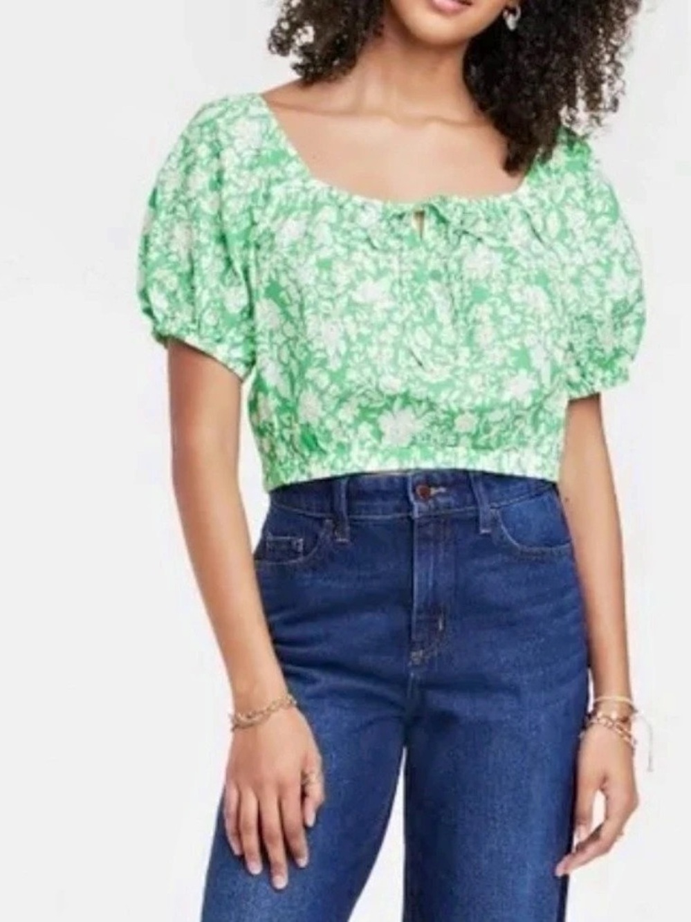 Universal Thread Puff Short-Sleeve Peasant Crop Top Floral Green & White Large